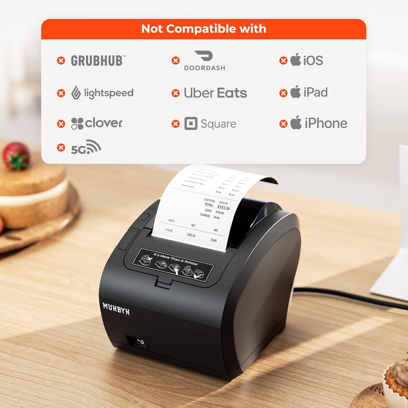 MUNBYN WiFi Receipt Printer with USB Port, 80mm WiFi POS Printer Works with Mac Windows Chromebook Linux Cash Drawer, No Support for Square, Zettle, Shopify, Kyte, Bluetooth or 5G Wi-Fi - Image 2